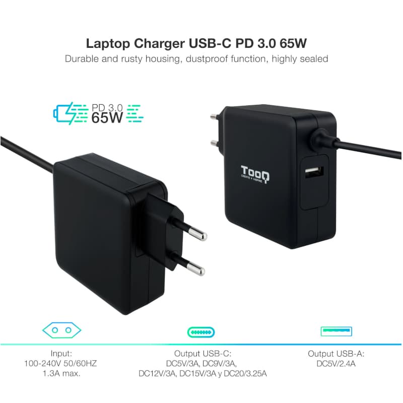 Tooq Cargador portátil conector USB-C 65W - 2