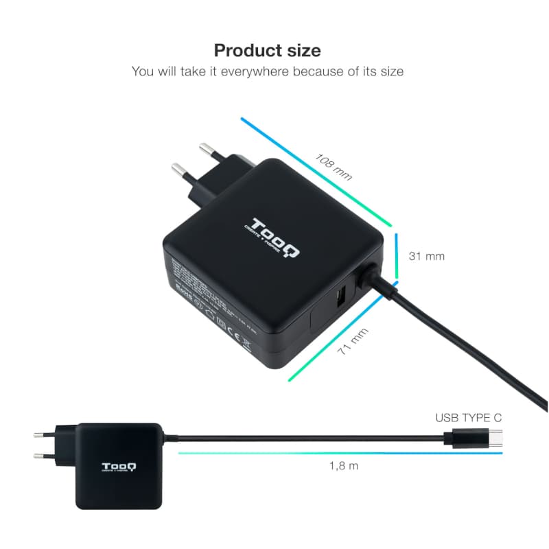Tooq Cargador portátil conector USB-C 65W - 3