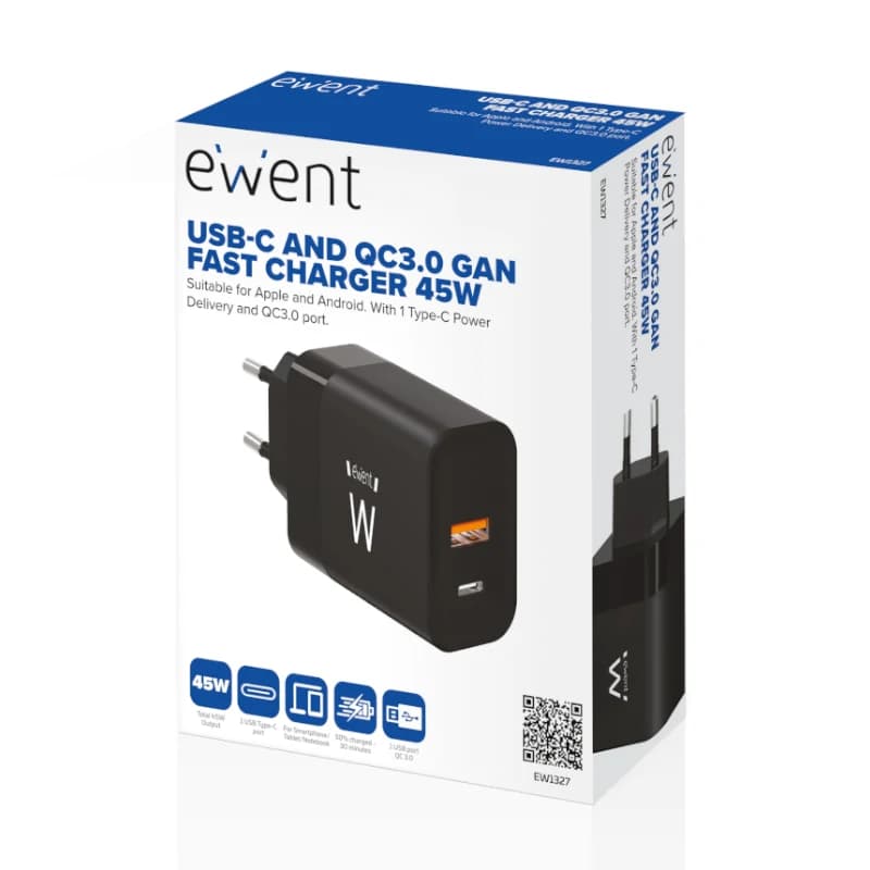 Ewent Cargador Rapido USB-A Y USB-C  GanFast 45W - 4