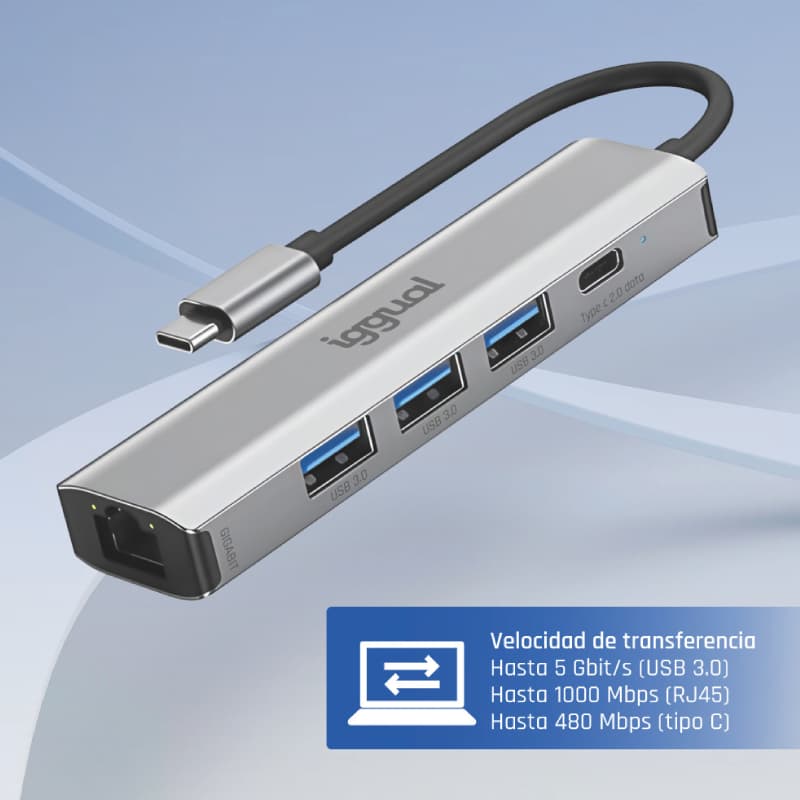 iggual Hub tipo C 5 puertos 3xUSB + RJ45 + tipo C - 3