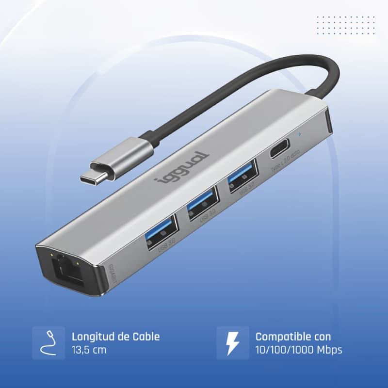 iggual Hub tipo C 5 puertos 3xUSB + RJ45 + tipo C - 5