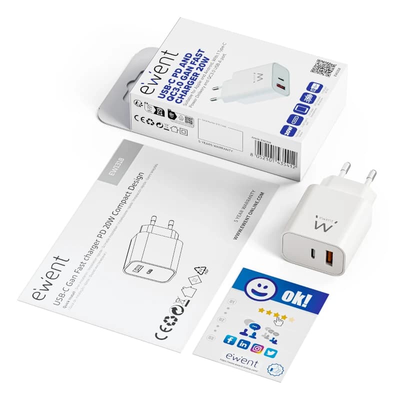 EWENT EW1318 Cargador rápido USB-C PD 20W USB-A QC - 2