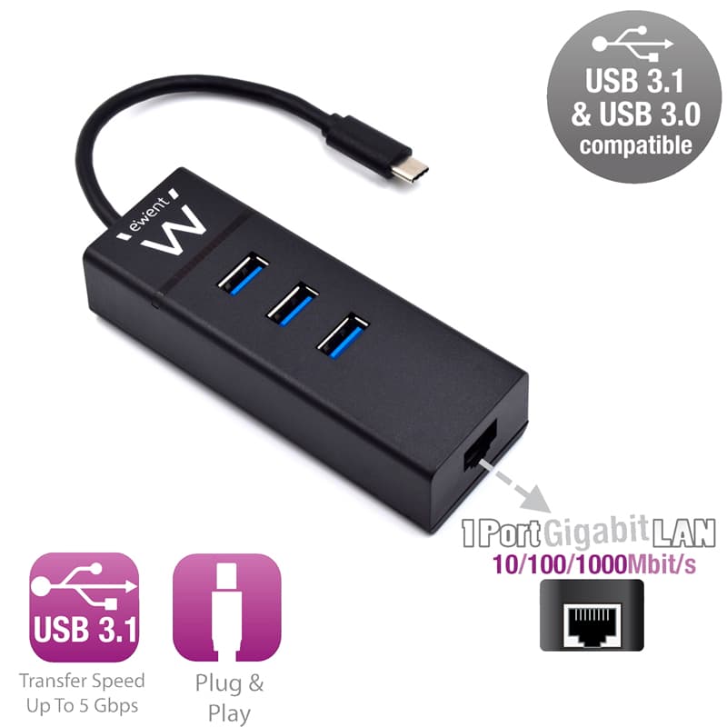 EWENT EW1141 Hub Tipo-C 3Pts.USB 3.1+1pto. GIGABIT - 2