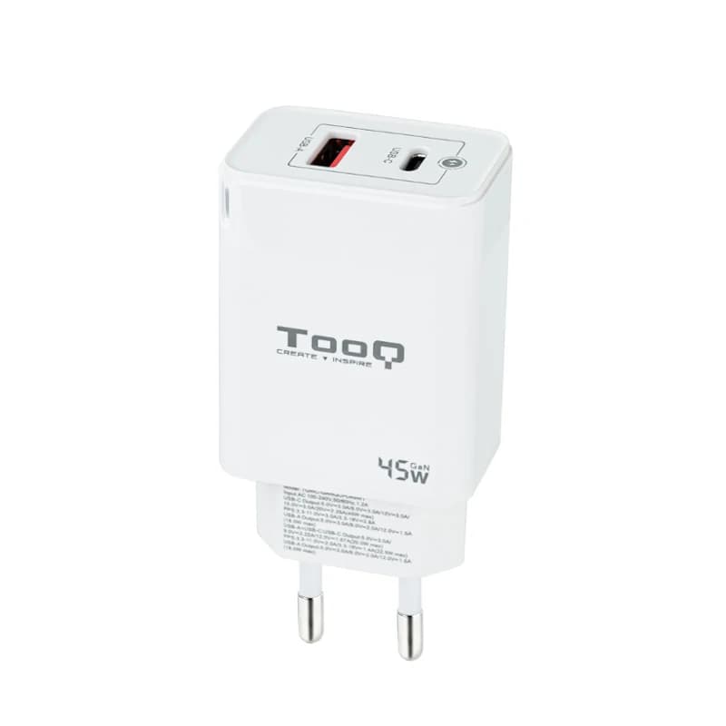 Tooq Cargador pared GAN USB-C/PD+USB-A/QC 45W